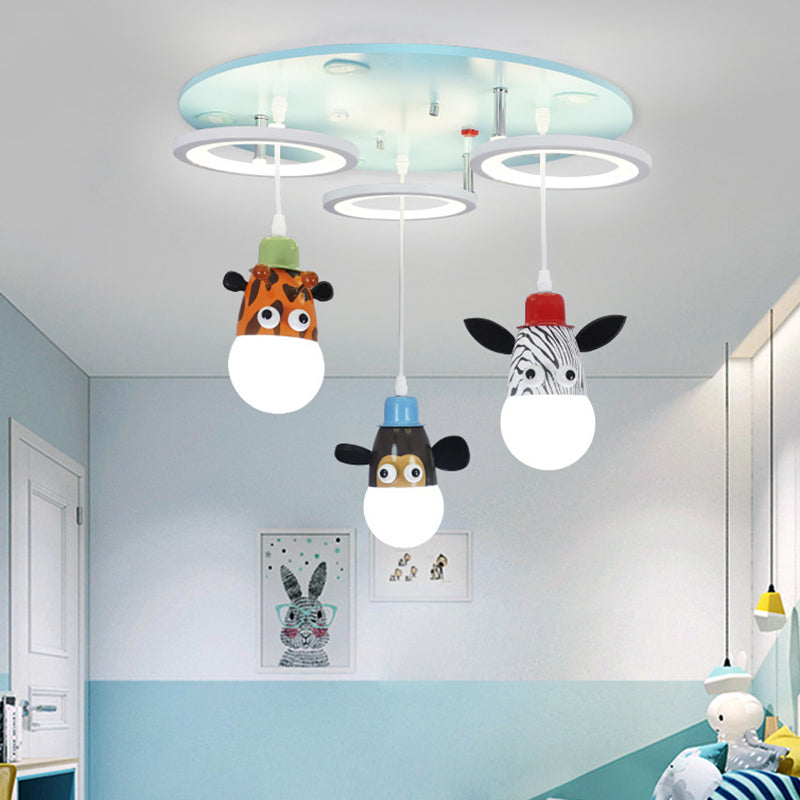 Ring Acrylic Multi-Pendant Cartoon 3 Lights Blue LED Suspension Light with Animals Deco Blue Clearhalo 'Ceiling Lights' 'Pendant Lights' 'Pendants' Lighting' 813707_a44222b6-b099-4cf2-b048-9065bb555a1d