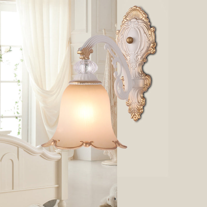 Swooping Arm Bedroom Wall Light Classic Frosted Glass 1 Bulb Beige Wall Sconce Lamp Clearhalo 'Wall Lamps & Sconces' 'Wall Lights' Lighting' 813939