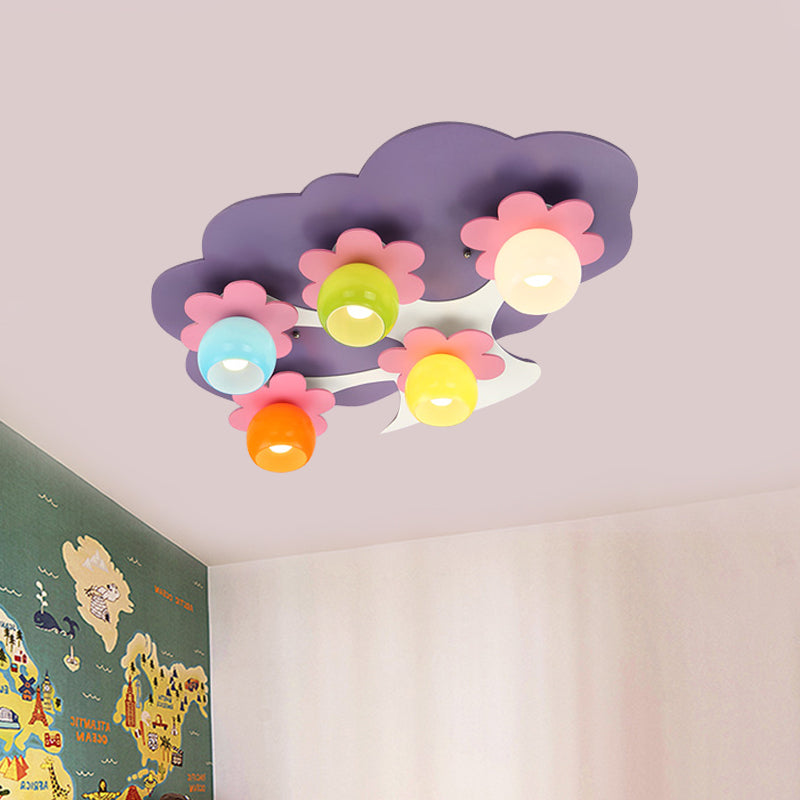 Kids 5-Light Semi Flush Light Fixture Purple Blossom Tree Ceiling Lamp with Colored Glass Shade Clearhalo 'Ceiling Lights' 'Close To Ceiling Lights' 'Close to ceiling' 'Semi-flushmount' Lighting' 814382