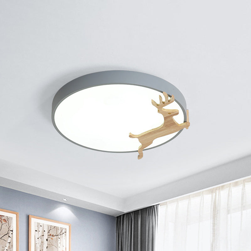 Running Deer Pattern Round Flush Light Nordic Acrylic Grey/White/Green and Wood LED Ceiling Mounted Lamp Grey Clearhalo 'Ceiling Lights' 'Close To Ceiling Lights' 'Close to ceiling' 'Flush mount' Lighting' 814389