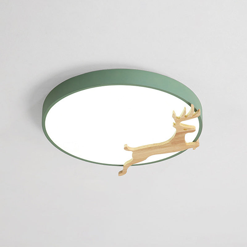 Running Deer Pattern Round Flush Light Nordic Acrylic Grey/White/Green and Wood LED Ceiling Mounted Lamp Clearhalo 'Ceiling Lights' 'Close To Ceiling Lights' 'Close to ceiling' 'Flush mount' Lighting' 814396