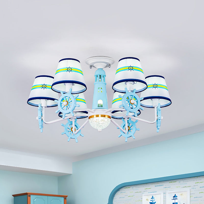 Cone Shade Fabric Semi Flush Chandelier Kids 6-Light Blue Ceiling Mount Light with Rudder Decoration Clearhalo 'Ceiling Lights' 'Close To Ceiling Lights' 'Close to ceiling' 'Semi-flushmount' Lighting' 814410