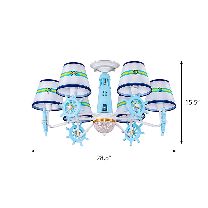 Cone Shade Fabric Semi Flush Chandelier Kids 6-Light Blue Ceiling Mount Light with Rudder Decoration Clearhalo 'Ceiling Lights' 'Close To Ceiling Lights' 'Close to ceiling' 'Semi-flushmount' Lighting' 814412