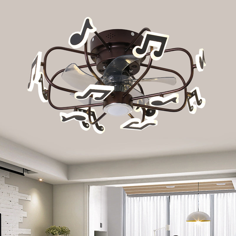 Kids 8 Bulbs 5 Blades Ceiling Fan Light Coffee Music Note/Grey Loving Heart/White Star Semi Flush Mount Lighting with Iron Cage, 23.5