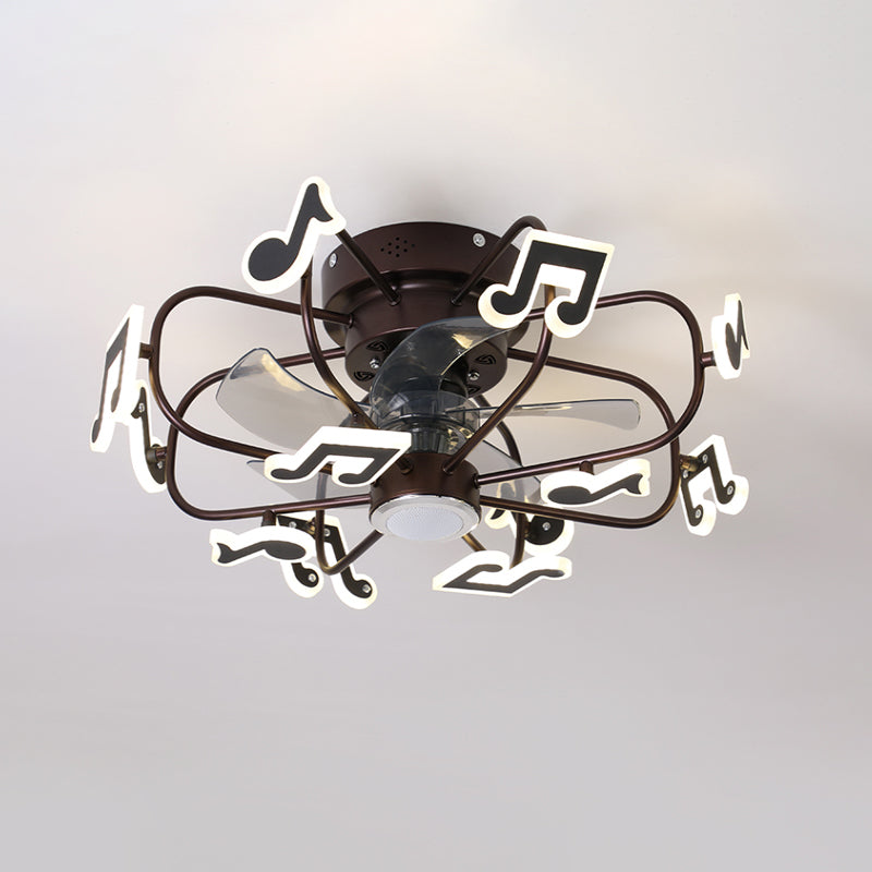 Kids 8 Bulbs 5 Blades Ceiling Fan Light Coffee Music Note/Grey Loving Heart/White Star Semi Flush Mount Lighting with Iron Cage, 23.5
