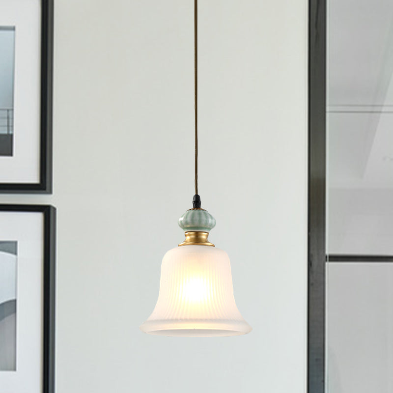 Bell White Glass Pendant Light Traditional 1 Bulb Restaurant Hanging Lamp with Ceramic Cap Clearhalo 'Ceiling Lights' 'Glass shade' 'Glass' 'Pendant Lights' 'Pendants' Lighting' 814668