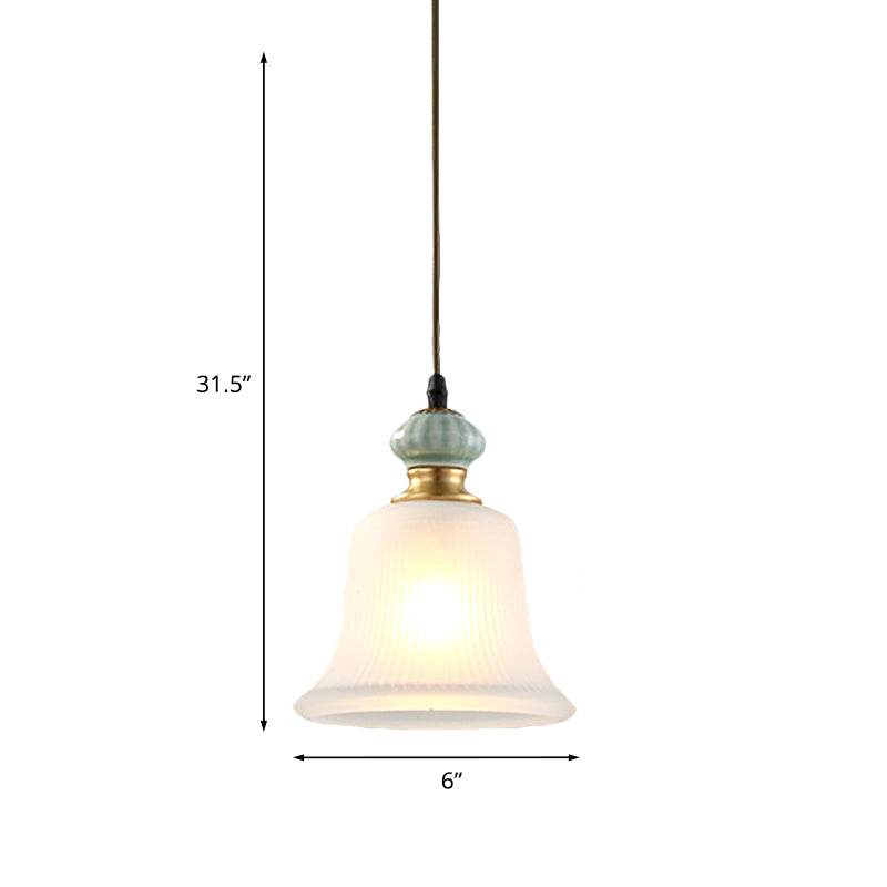 Bell White Glass Pendant Light Traditional 1 Bulb Restaurant Hanging Lamp with Ceramic Cap Clearhalo 'Ceiling Lights' 'Glass shade' 'Glass' 'Pendant Lights' 'Pendants' Lighting' 814671