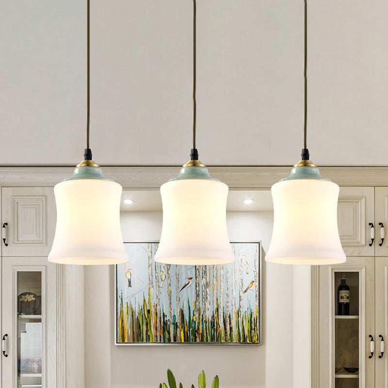 Tulip/Bell White Glass Cluster Pendant Classic 3 Heads Living Room Ceiling Suspension Lamp with Ceramic Top White B Clearhalo 'Ceiling Lights' 'Glass shade' 'Glass' 'Pendant Lights' 'Pendants' Lighting' 814692
