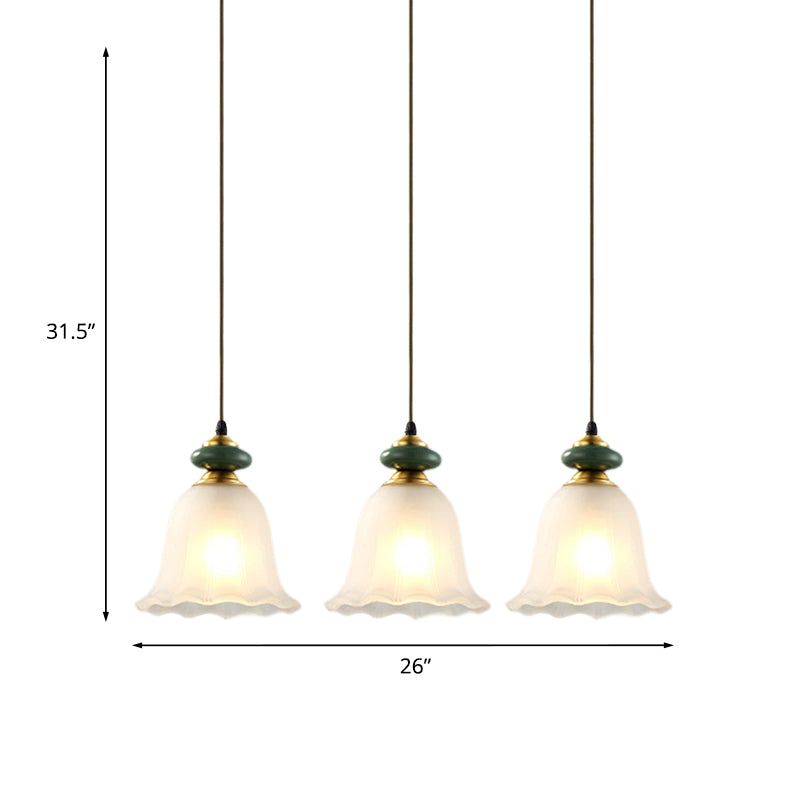 3 Heads Cluster Pendant Light Vintage Bell White Glass Hanging Lamp with Ceramic Cap for Dining Room Clearhalo 'Ceiling Lights' 'Close To Ceiling Lights' 'Glass shade' 'Glass' 'Pendant Lights' 'Pendants' Lighting' 814700