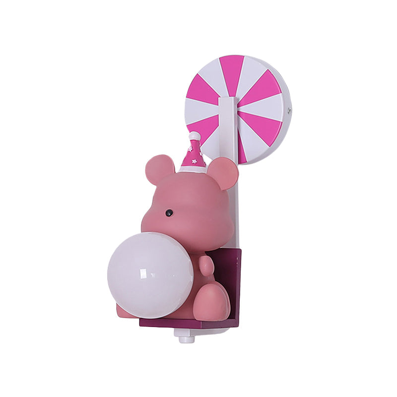 Birthday Bear Holding A Ball Wall Lamp Cartoon Resin 1-Light Pink/Blue Sconce Light with Milk Glass Shade Clearhalo 'Wall Lamps & Sconces' 'Wall Lights' Lighting' 814732