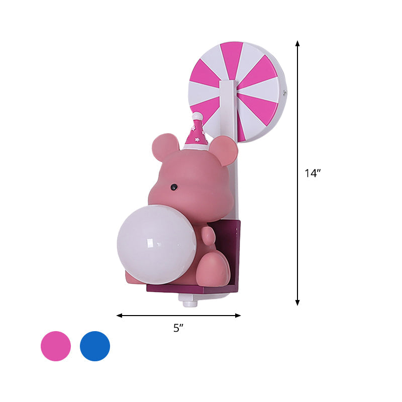 Birthday Bear Holding A Ball Wall Lamp Cartoon Resin 1-Light Pink/Blue Sconce Light with Milk Glass Shade Clearhalo 'Wall Lamps & Sconces' 'Wall Lights' Lighting' 814734