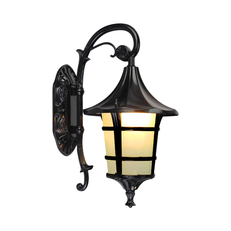 Metal Black/Coffee/Bronze Wall Light Sconce Curved Arm 1 Light Lodge Style Wall Lamp with White Glass Shade Clearhalo 'Wall Lamps & Sconces' 'Wall Lights' Lighting' 814909