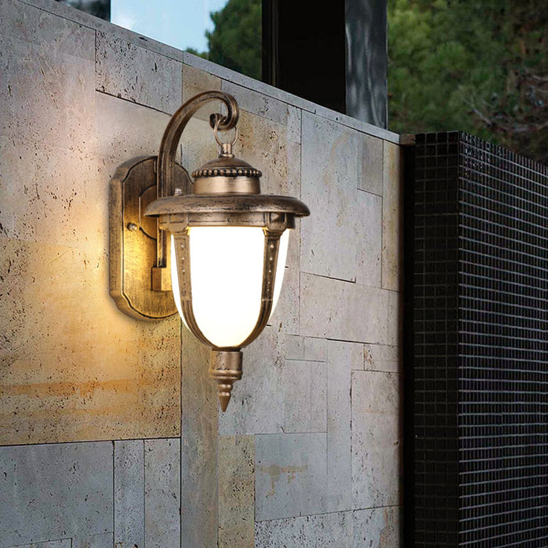 Urn-Shaped Frosted Glass Wall Sconce Country 1 Light Outdoor Wall Hanging Light in Black/Gold/Bronze Clearhalo 'Wall Lamps & Sconces' 'Wall Lights' Lighting' 814936
