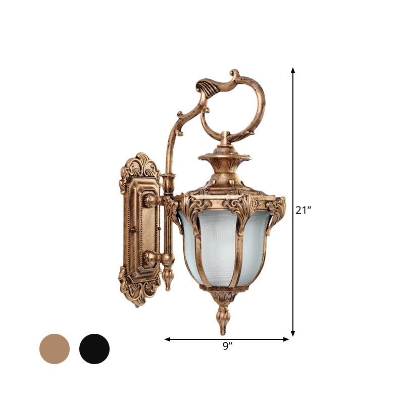 Black/Bronze Scrolled Arm Wall Lighting Rustic 1-Light Courtyard Wall Mounted Lamp with Urn Frosted Glass Shade Clearhalo 'Wall Lamps & Sconces' 'Wall Lights' Lighting' 814954