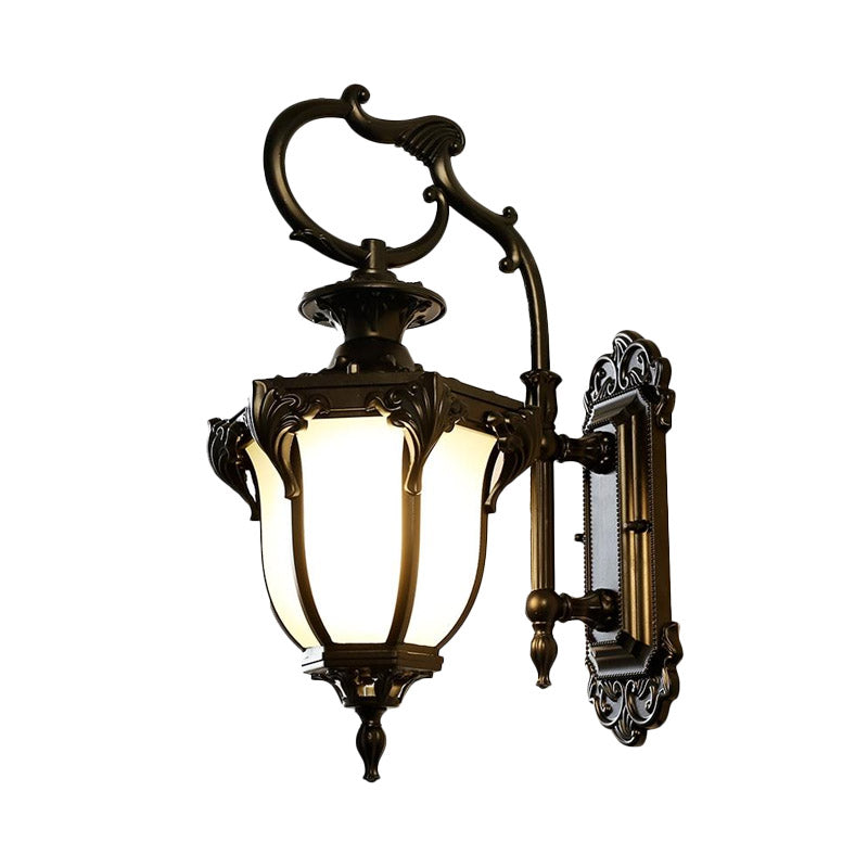 Black/Bronze Scrolled Arm Wall Lighting Rustic 1-Light Courtyard Wall Mounted Lamp with Urn Frosted Glass Shade Clearhalo 'Wall Lamps & Sconces' 'Wall Lights' Lighting' 814958