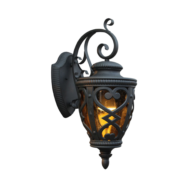 Country Urn-Shaped Wall Light Fixture 1 Light Amber Glass Wall Mount Lamp in Black for Courtyard Clearhalo 'Wall Lamps & Sconces' 'Wall Lights' Lighting' 814990