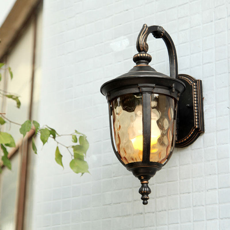 Urn Clear Dimple Glass Wall Lamp Farmhouse 1 Light Courtyard Wall Lighting in Black with Curved Arm Black Clearhalo 'Wall Lamps & Sconces' 'Wall Lights' Lighting' 815000