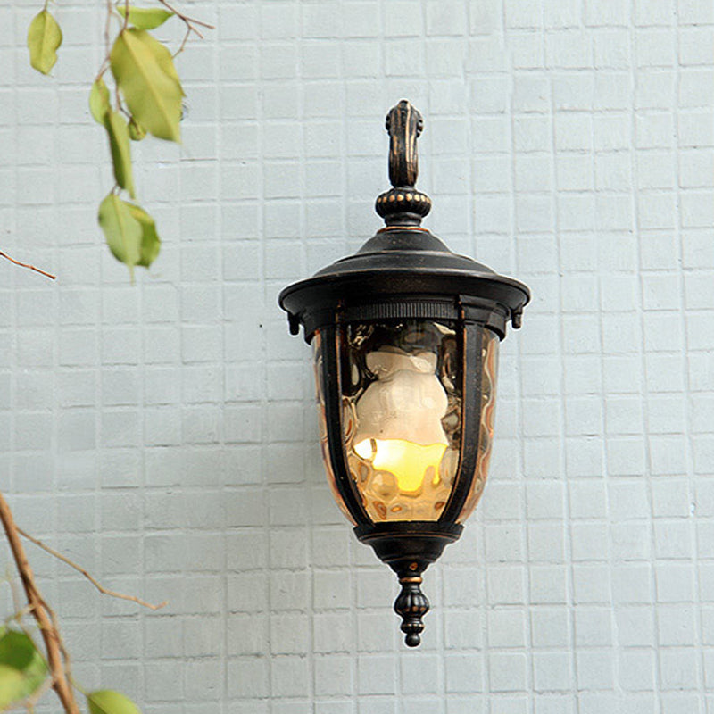 Urn Clear Dimple Glass Wall Lamp Farmhouse 1 Light Courtyard Wall Lighting in Black with Curved Arm Clearhalo 'Wall Lamps & Sconces' 'Wall Lights' Lighting' 815001