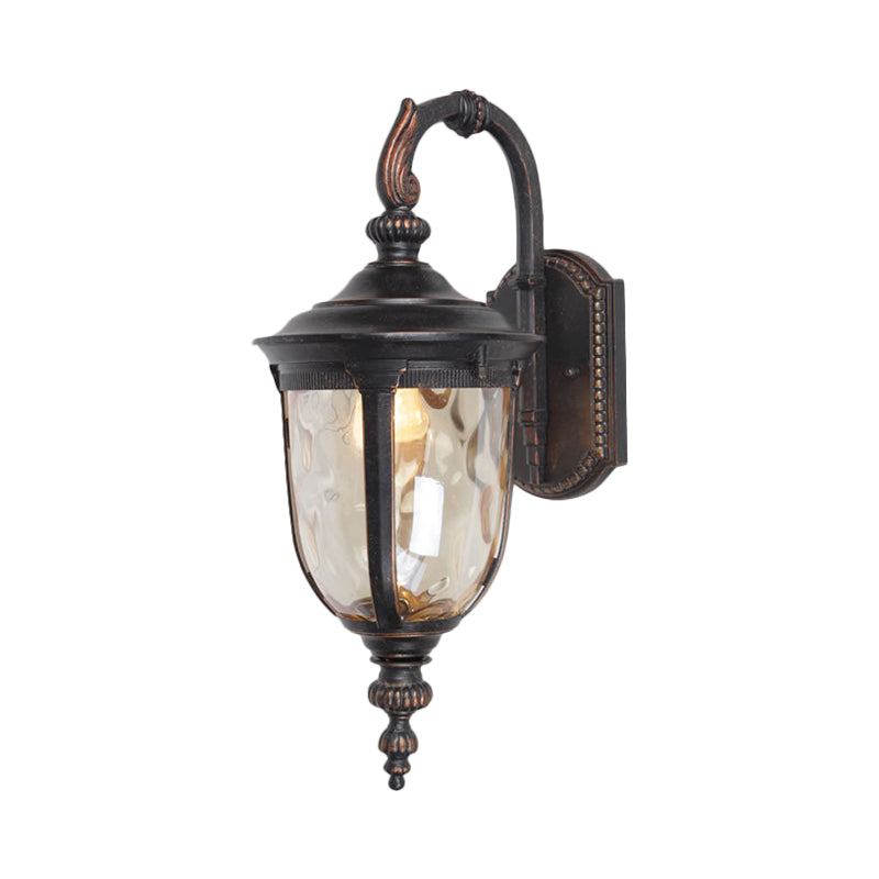 Urn Clear Dimple Glass Wall Lamp Farmhouse 1 Light Courtyard Wall Lighting in Black with Curved Arm Clearhalo 'Wall Lamps & Sconces' 'Wall Lights' Lighting' 815002