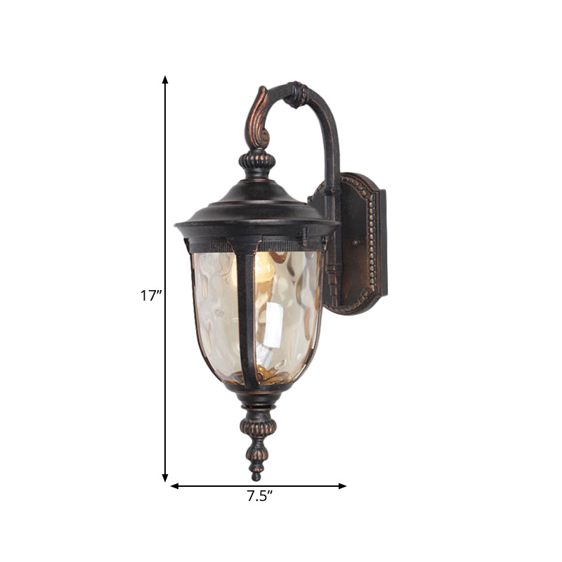 Urn Clear Dimple Glass Wall Lamp Farmhouse 1 Light Courtyard Wall Lighting in Black with Curved Arm Clearhalo 'Wall Lamps & Sconces' 'Wall Lights' Lighting' 815003
