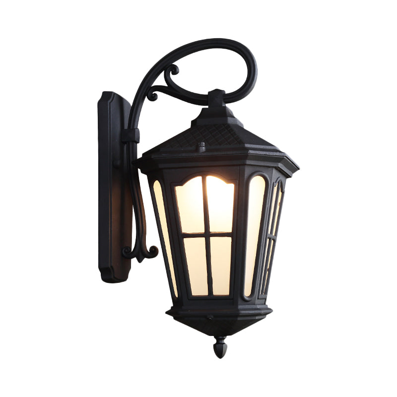 1-Light Wall Hanging Light Lodge Style Lantern White Glass Sconce in Textured Black/Coffee with Swooping Arm Clearhalo 'Wall Lamps & Sconces' 'Wall Lights' Lighting' 815006