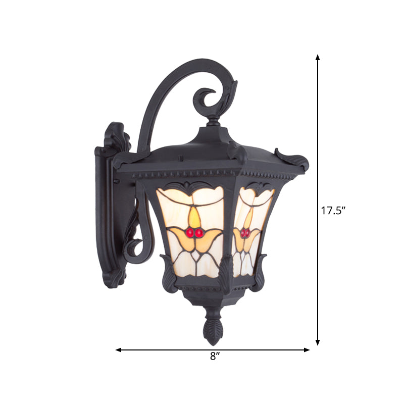 Black Lantern Wall Sconce Vintage Metallic 1-Bulb Patio Flower Patterned Wall Mount Light Fixture Clearhalo 'Wall Lamps & Sconces' 'Wall Lights' Lighting' 815015