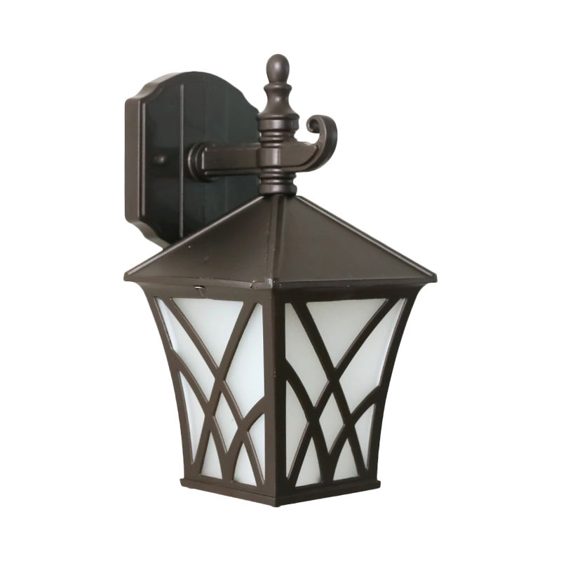 1-Head Frosted Glass Wall Sconce Lighting Traditional Dark Coffee Lantern Outdoor Wall Light Fixture Clearhalo 'Wall Lamps & Sconces' 'Wall Lights' Lighting' 815027