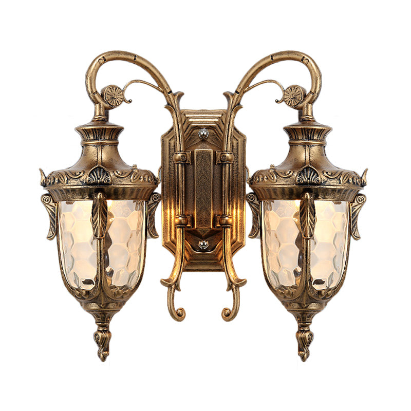 Iron Black/Bronze Wall Mounted Light Scrolled Arm 2 Lights Farmhouse Style Sconce Lamp with Clear Dimpled Glass Shade Clearhalo 'Wall Lamps & Sconces' 'Wall Lights' Lighting' 815057