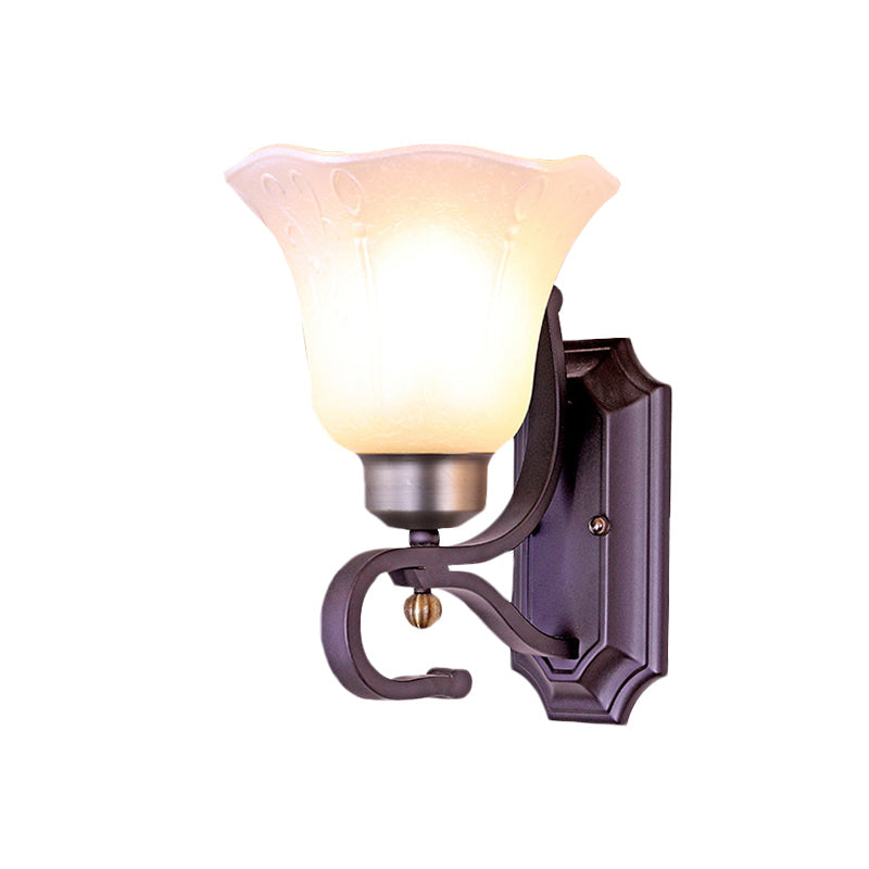 Vintage Blossom Sconce Wall Light 1/2-Bulb Frosted White Glass Wall Lighting Fixture in Black Clearhalo 'Wall Lamps & Sconces' 'Wall Lights' Lighting' 815118