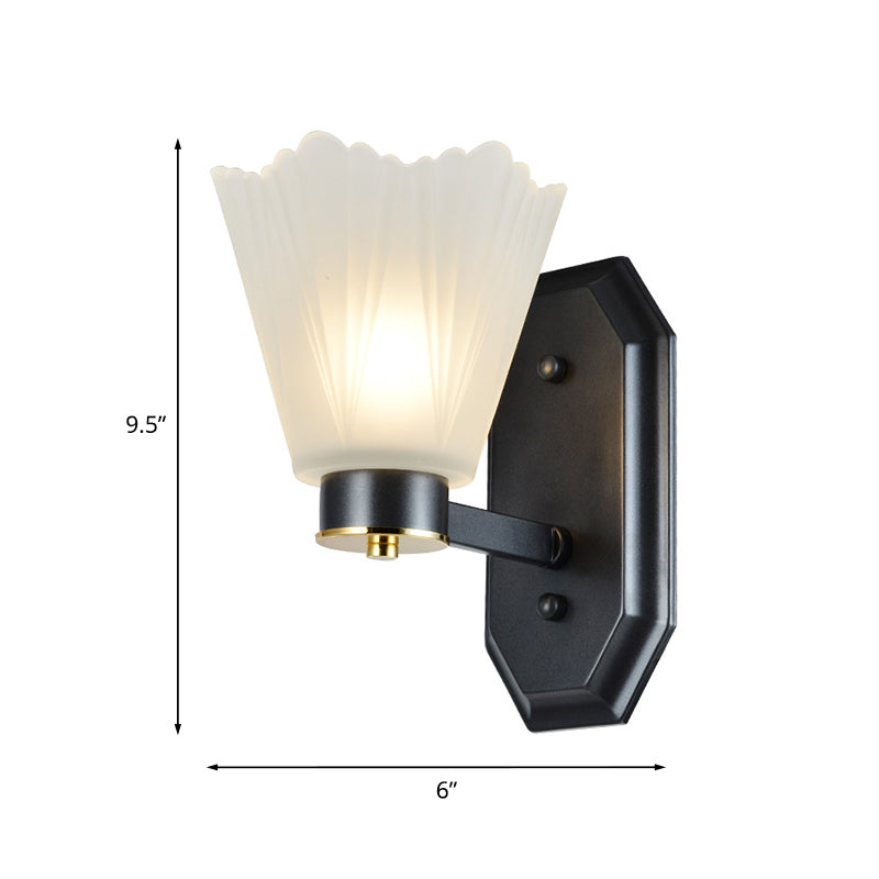 Tapered Milk Glass Wall Lighting Retro 1/2 Bulbs Living Room Wall Light in Black with Metal Straight Arm Clearhalo 'Wall Lamps & Sconces' 'Wall Lights' Lighting' 815233