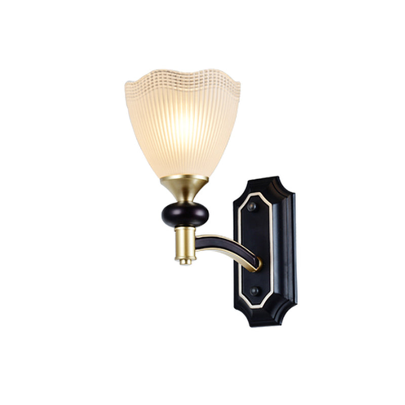 Traditionalism Flower Wall Light 1/2-Bulb Prismatic White Glass Wall Sconce Lamp in Black Clearhalo 'Wall Lamps & Sconces' 'Wall Lights' Lighting' 815249