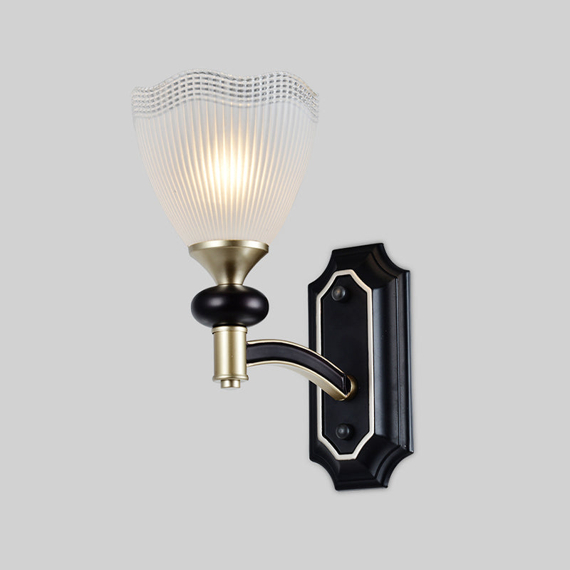 Traditionalism Flower Wall Light 1/2-Bulb Prismatic White Glass Wall Sconce Lamp in Black Clearhalo 'Wall Lamps & Sconces' 'Wall Lights' Lighting' 815250