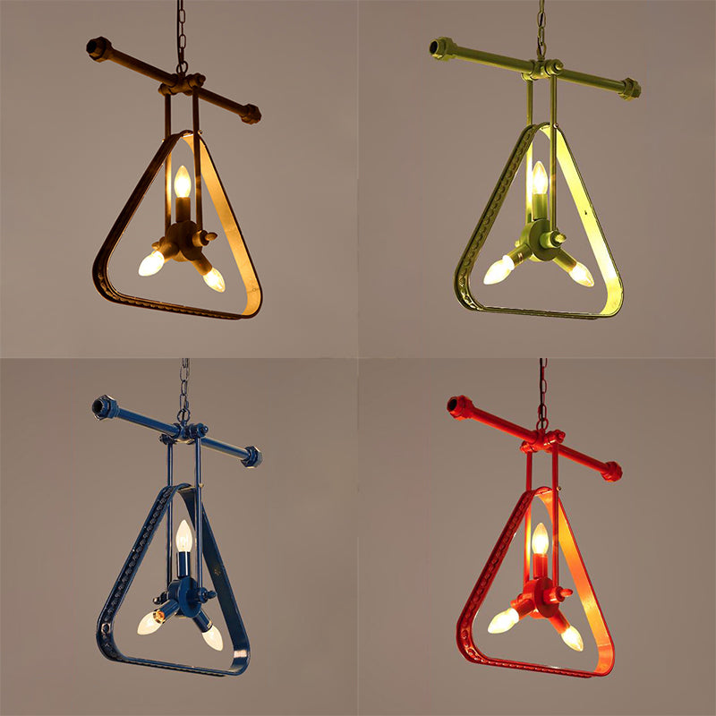 3 Heads Triangle Chandelier Lamp with Wire Frame Vintage Style Black/Red Metallic Hanging Ceiling Fixture Clearhalo 'Cast Iron' 'Ceiling Lights' 'Chandeliers' 'Industrial Chandeliers' 'Industrial' 'Metal' 'Middle Century Chandeliers' 'Rustic Chandeliers' 'Tiffany' Lighting' 81527