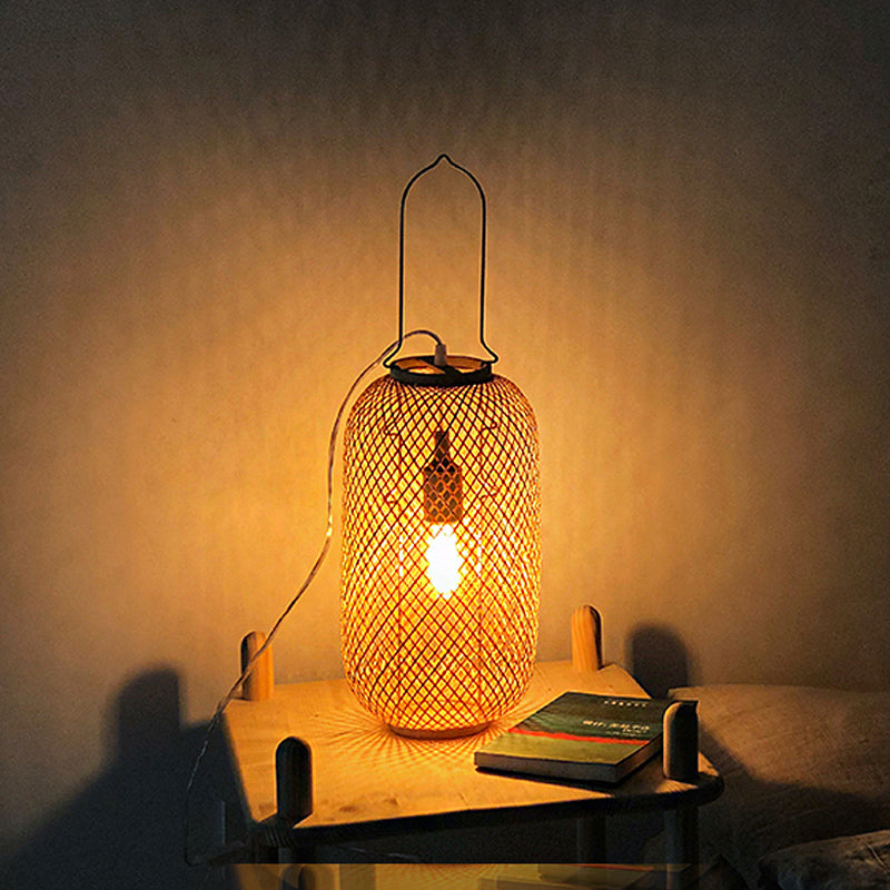 Asia-Style 1-Head Night Table Light Flaxen Cylinder Cage Nightstand Lamp with Bamboo Rattan Shade Flaxen Clearhalo 'Lamps' 'Table Lamps' Lighting' 815368