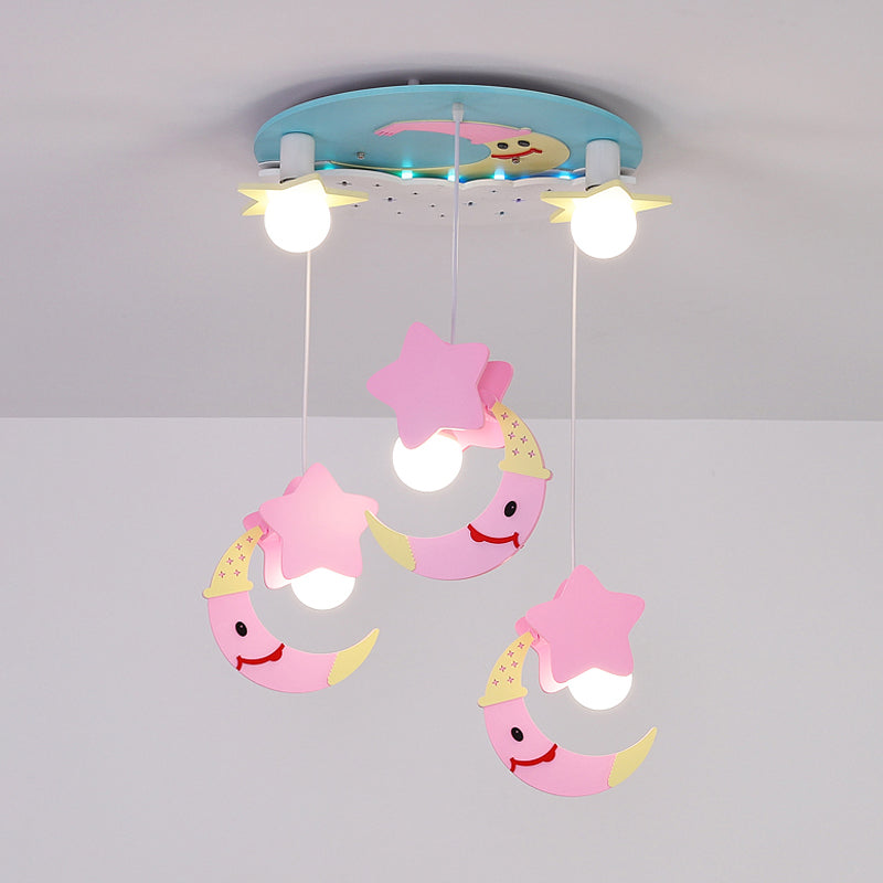 Moon and Star Wood Semi Flush Mount Cartoon 5 Lights Blue/Pink Finish Flush Ceiling Lighting Pink Clearhalo 'Ceiling Lights' 'Close To Ceiling Lights' 'Close to ceiling' 'Semi-flushmount' Lighting' 816446