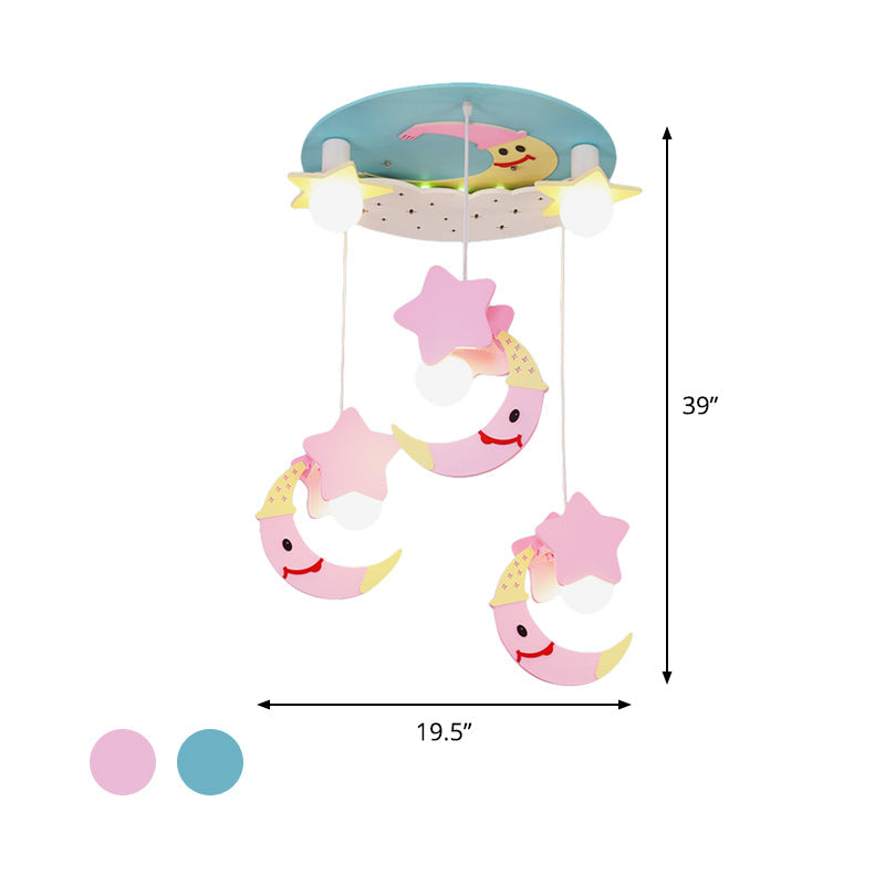 Moon and Star Wood Semi Flush Mount Cartoon 5 Lights Blue/Pink Finish Flush Ceiling Lighting Clearhalo 'Ceiling Lights' 'Close To Ceiling Lights' 'Close to ceiling' 'Semi-flushmount' Lighting' 816449