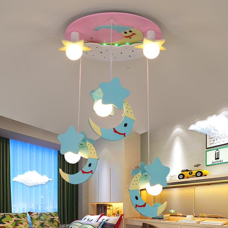 Moon and Star Wood Semi Flush Mount Cartoon 5 Lights Blue/Pink Finish Flush Ceiling Lighting Blue Clearhalo 'Ceiling Lights' 'Close To Ceiling Lights' 'Close to ceiling' 'Semi-flushmount' Lighting' 816450