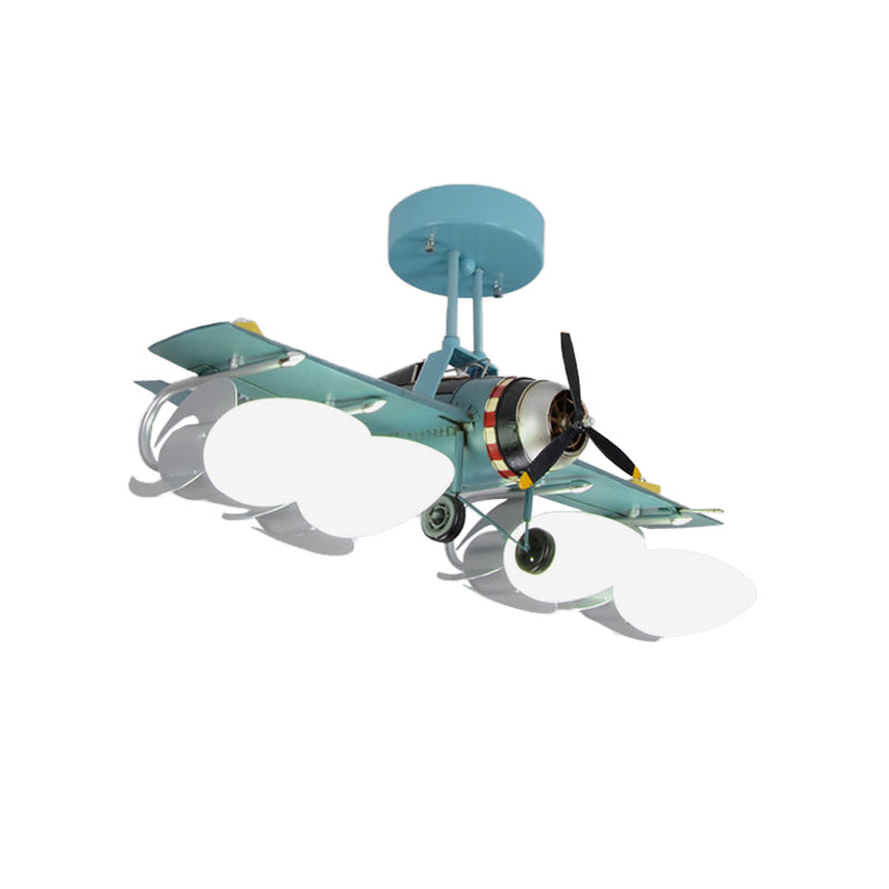 Iron Aircraft Shape Semi-Flush Ceiling Lamp Cartoon 4 Heads Green Flush Mount Lighting Clearhalo 'Ceiling Lights' 'Close To Ceiling Lights' 'Close to ceiling' 'Semi-flushmount' Lighting' 816460