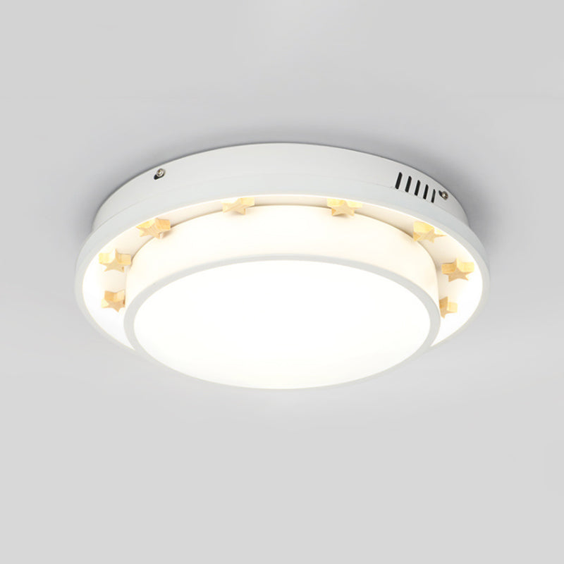White Finish Round Flush Mount Lamp Modern LED Metallic Flush Light Fixture with Wooden Star Deco Clearhalo 'Ceiling Lights' 'Close To Ceiling Lights' 'Close to ceiling' 'Flush mount' Lighting' 816496