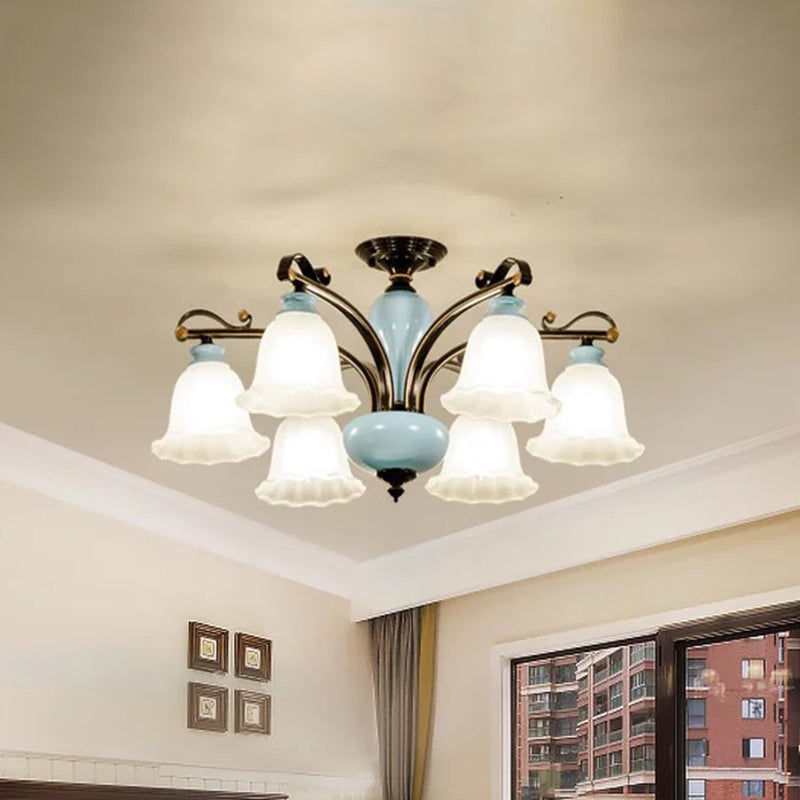 Flower White Glass Semi-Flush Ceiling Light Traditional 6/8 Heads Bedroom Flush Mounted Lamp Clearhalo 'Ceiling Lights' 'Close To Ceiling Lights' 'Close to ceiling' 'Glass shade' 'Glass' 'Semi-flushmount' Lighting' 816700