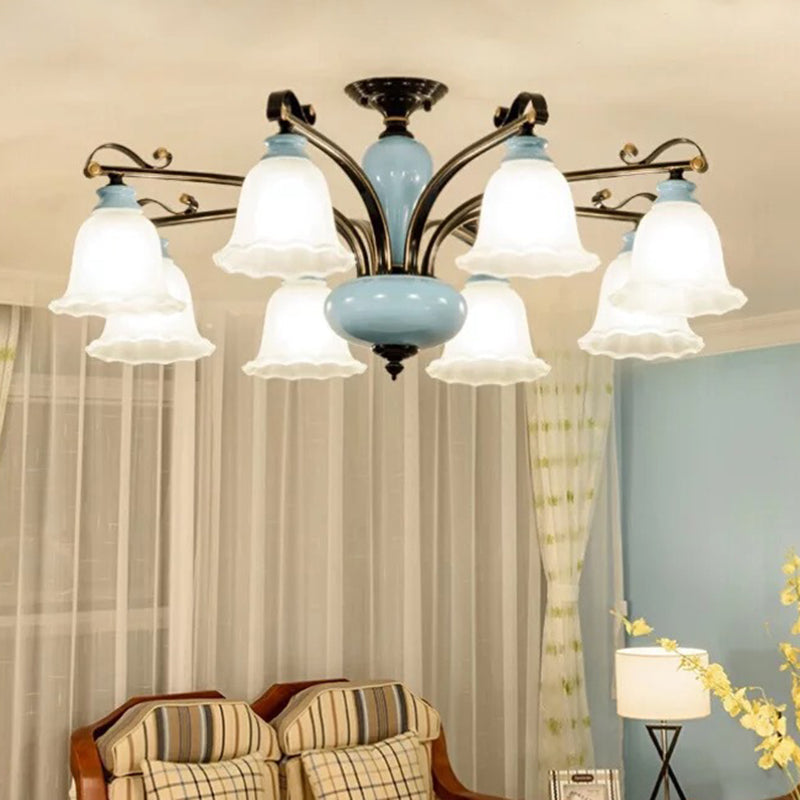 Flower White Glass Semi-Flush Ceiling Light Traditional 6/8 Heads Bedroom Flush Mounted Lamp Clearhalo 'Ceiling Lights' 'Close To Ceiling Lights' 'Close to ceiling' 'Glass shade' 'Glass' 'Semi-flushmount' Lighting' 816704