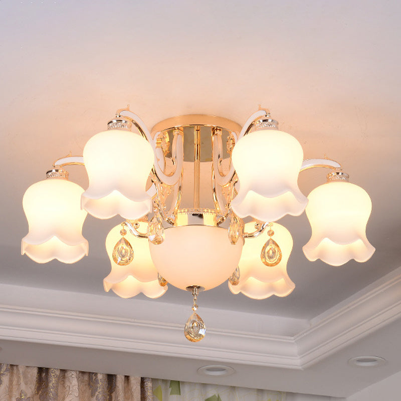 Traditional Scalloped Semi Flush 4/7 Light Opal Glass Ceiling Flush Mount Light in Gold with Crystal Drop 7 Gold Clearhalo 'Ceiling Lights' 'Close To Ceiling Lights' 'Close to ceiling' 'Semi-flushmount' Lighting' 817008