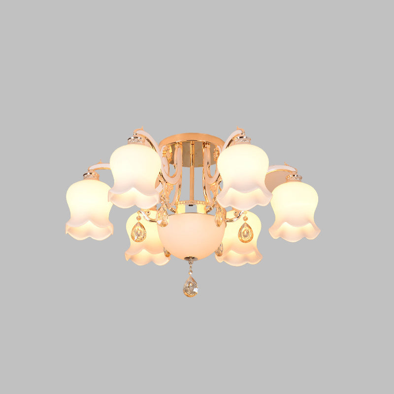 Traditional Scalloped Semi Flush 4/7 Light Opal Glass Ceiling Flush Mount Light in Gold with Crystal Drop Clearhalo 'Ceiling Lights' 'Close To Ceiling Lights' 'Close to ceiling' 'Semi-flushmount' Lighting' 817011