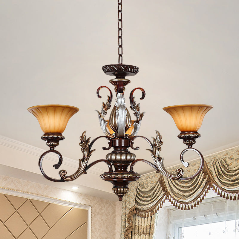 Traditionalist Bell Pendant Light 3 Lights Amber Glass Chandelier Lamp in Bronze with Carved Design Bronze Clearhalo 'Ceiling Lights' 'Chandeliers' Lighting' options 817207_fea2159a-b807-4bc2-a678-4249b8ce1912