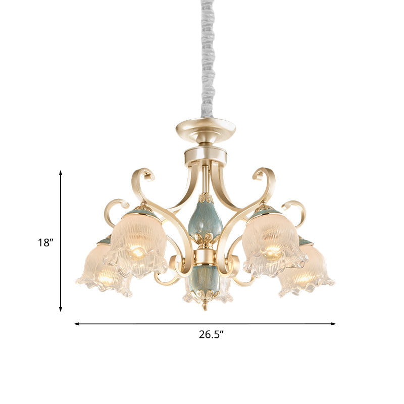 Traditional Floral Ceiling Chandelier 3/5/6 Lights Frosted Glass Pendant Lighting Fixture in Gold Clearhalo 'Ceiling Lights' 'Chandeliers' Lighting' options 817232