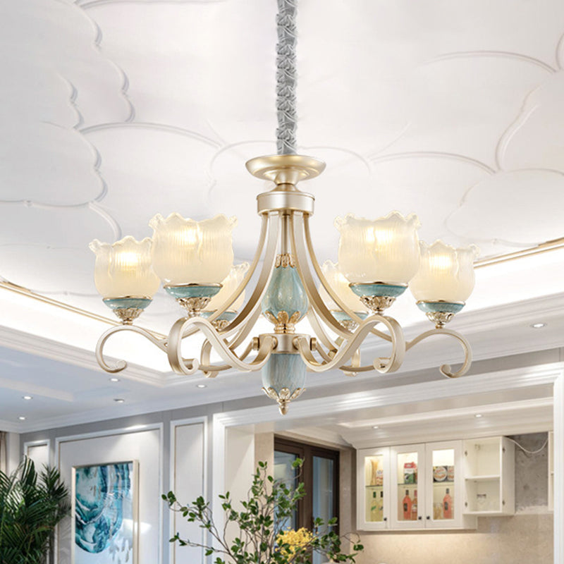 Traditional Floral Ceiling Chandelier 3/5/6 Lights Frosted Glass Pendant Lighting Fixture in Gold Clearhalo 'Ceiling Lights' 'Chandeliers' Lighting' options 817234