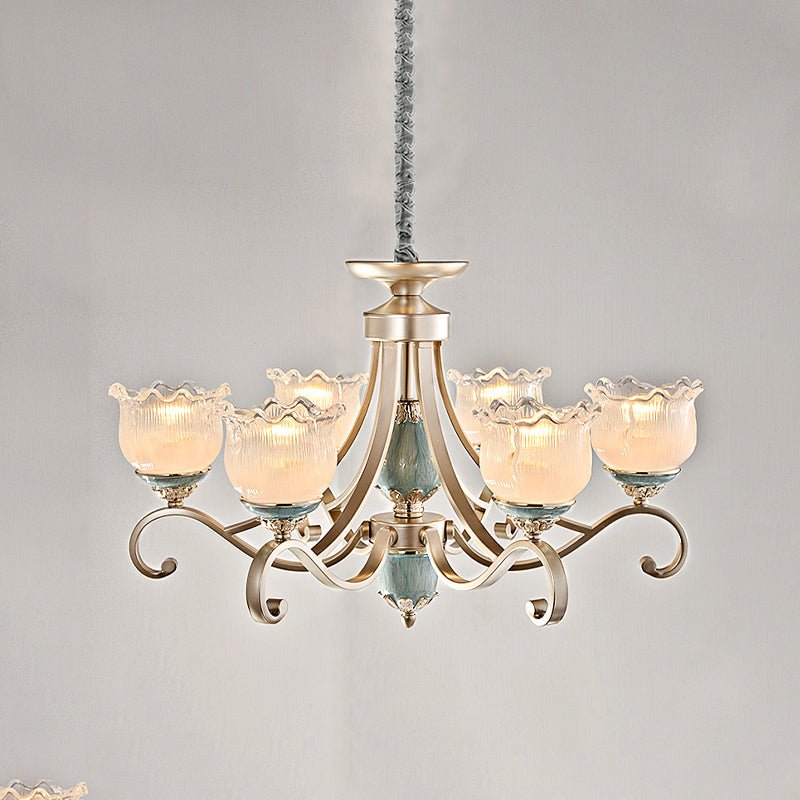 Traditional Floral Ceiling Chandelier 3/5/6 Lights Frosted Glass Pendant Lighting Fixture in Gold Clearhalo 'Ceiling Lights' 'Chandeliers' Lighting' options 817236