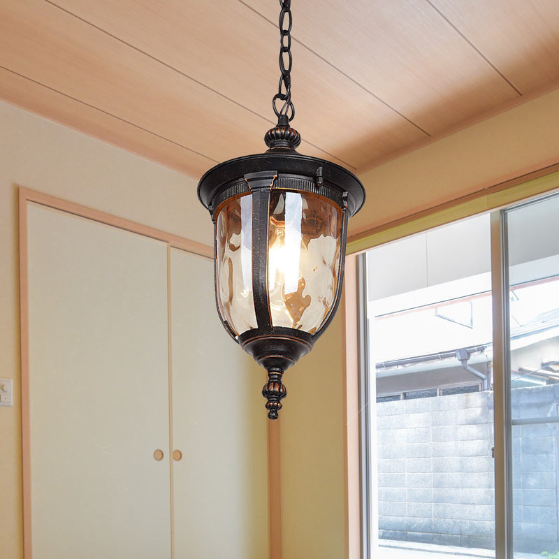 Urn Shape Amber Dimpled Glass Ceiling Light Country 1-Head Hallway Pendant Lighting Fixture in Black Black Clearhalo 'Ceiling Lights' 'Glass shade' 'Glass' 'Pendant Lights' 'Pendants' Lighting' 817552