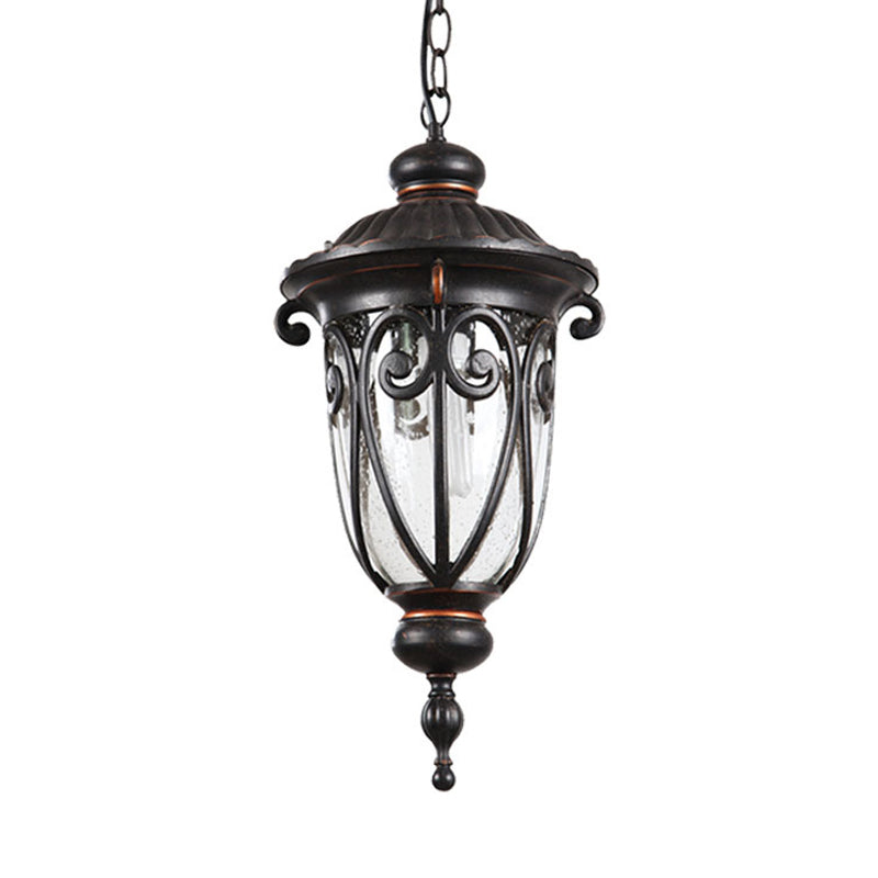 1 Bulb Urn Shade Pendant Lamp Traditional Black Finish Clear Seeded Glass Hanging Ceiling Light Clearhalo 'Ceiling Lights' 'Glass shade' 'Glass' 'Pendant Lights' 'Pendants' Lighting' 817558