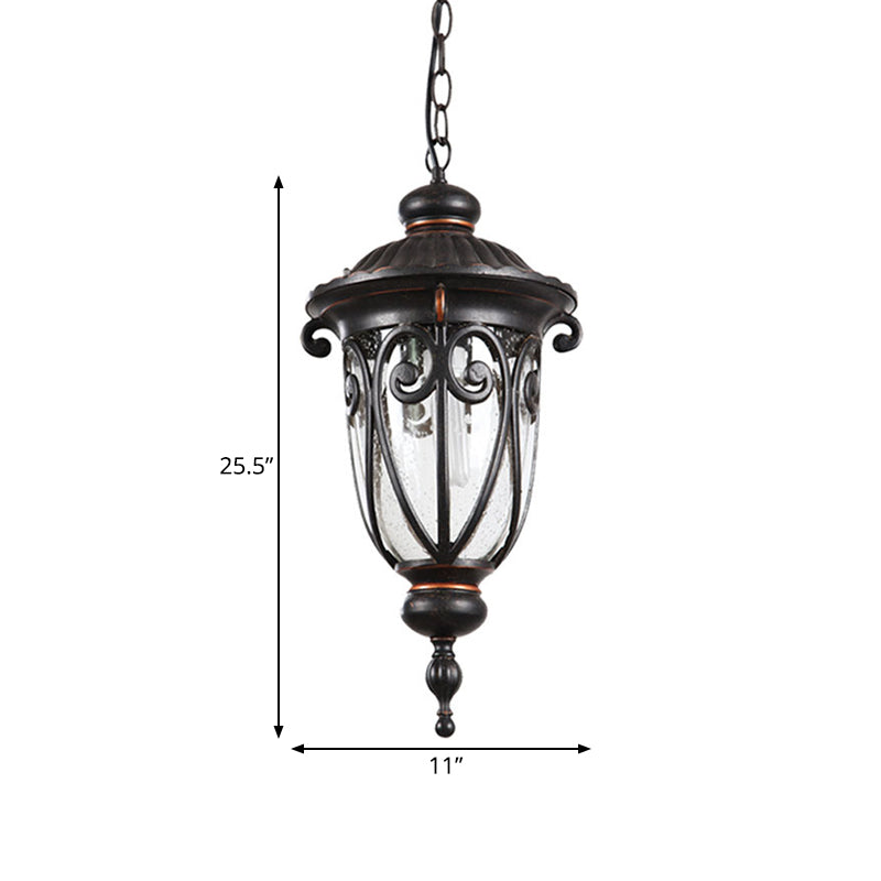 1 Bulb Urn Shade Pendant Lamp Traditional Black Finish Clear Seeded Glass Hanging Ceiling Light Clearhalo 'Ceiling Lights' 'Glass shade' 'Glass' 'Pendant Lights' 'Pendants' Lighting' 817559